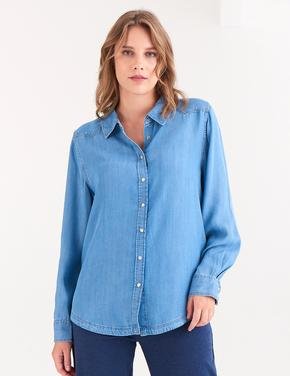 Kadın Mavi Regular Fit Uzun Kollu Gömlek