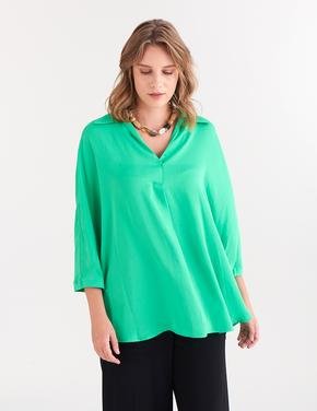 Kadın Yeşil Regular Fit Uzun Kollu Saten Bluz