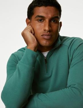 Erkek Yeşil Saf Pamuklu Fermuar Detaylı Sweatshirt