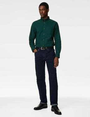 Erkek Yeşil Saf Pamuklu Regular Fit Oxford Gömlek