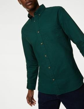 Erkek Yeşil Saf Pamuklu Regular Fit Oxford Gömlek