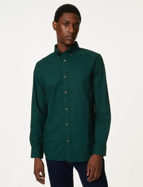 Yeşil Saf Pamuklu Regular Fit Oxford Gömlek