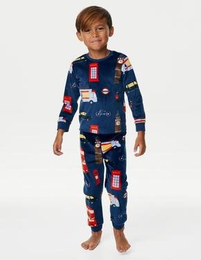 Çocuk Lacivert Londra Temalı Uzun Kollu Kadife Pijama Takımı (1-7 Yaş)