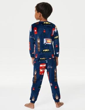 Çocuk Lacivert Londra Temalı Uzun Kollu Kadife Pijama Takımı (1-7 Yaş)