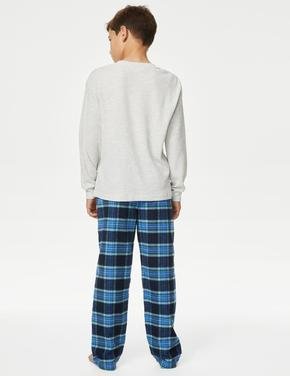 Çocuk Lacivert Ekose Desenli Uzun Kollu Pijama Takımı (6-16 Yaş)