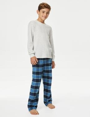 Çocuk Lacivert Ekose Desenli Uzun Kollu Pijama Takımı (6-16 Yaş)