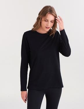 Kadın Siyah Saf Pamuklu Uzun Kollu T-Shirt