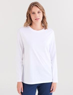 Kadın Beyaz Saf Pamuklu Uzun Kollu T-Shirt