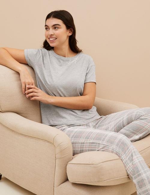 Gri Ekose Desenli Kısa Kollu Pijama Takımı
