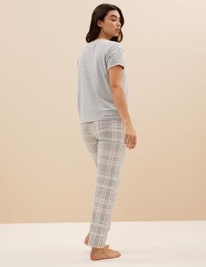 Kadın Gri Ekose Desenli Kısa Kollu Pijama Takımı