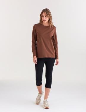 Kadın Bej Saf Pamuklu Uzun Kollu T-Shirt