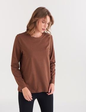 Kadın Bej Saf Pamuklu Uzun Kollu T-Shirt