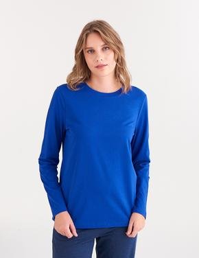 Kadın Mavi Saf Pamuklu Uzun Kollu T-Shirt