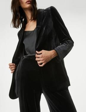 Kadın Siyah Relaxed Fit Kadife Blazer Ceket