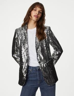 Kadın Gümüş Pul Detaylı Tailored Fit Blazer Ceket