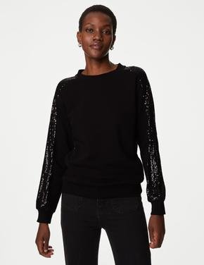 Kadın Siyah Pul Detaylı Yuvarlak Yaka Örme Sweatshirt