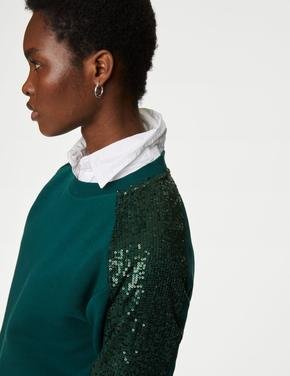 Kadın Yeşil Pul Detaylı Yuvarlak Yaka Örme Sweatshirt