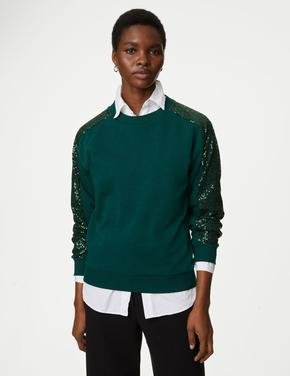 Kadın Yeşil Pul Detaylı Yuvarlak Yaka Örme Sweatshirt