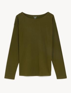 Kadın Yeşil Saf Pamuklu Uzun Kollu T-Shirt