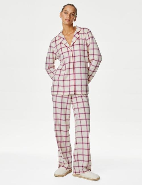Krem Ekose Desenli Uzun Kollu Polar Pijama Takımı