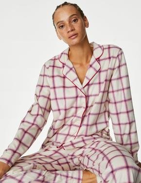 Kadın Krem Ekose Desenli Uzun Kollu Polar Pijama Takımı