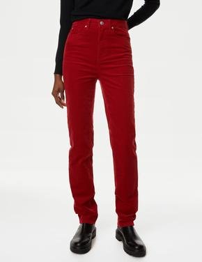 Kadın Kırmızı Straight Leg Kadife Pantolon