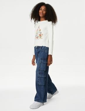 Kız Çocuk Krem Yılbaşı Temalı Uzun Kollu T-Shirt (6-16 Yaş)