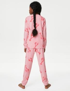 Çocuk Pembe Istakoz Desenli Uzun Kollu Polar Pijama Takımı (6-16 Yaş)