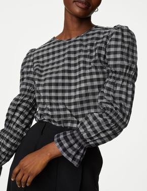 Kadın Siyah Ekose Desenli Uzun Kollu Bluz