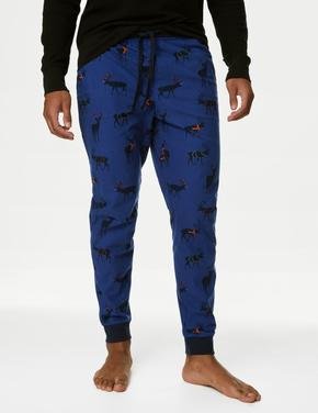 Erkek Mavi Yumuşak Dokulu Geyik Desenli Pijama Altı
