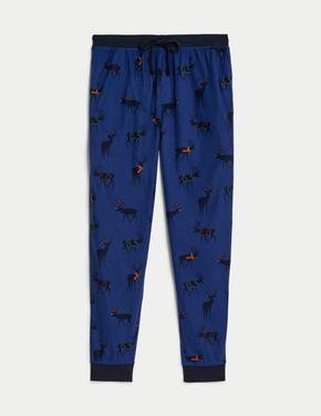 Erkek Mavi Yumuşak Dokulu Geyik Desenli Pijama Altı