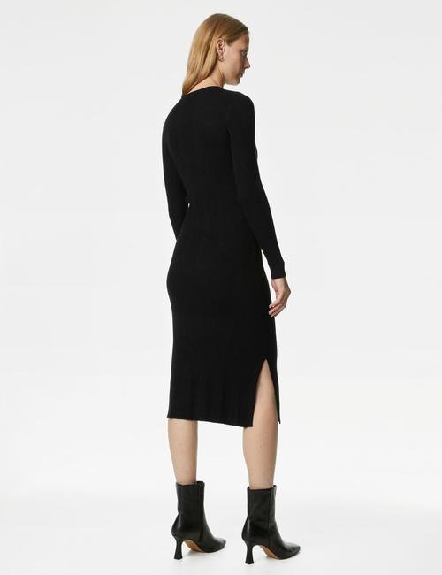 Siyah Uzun Kollu Midi Örme Elbise