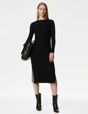 Kadın Siyah Uzun Kollu Midi Örme Elbise