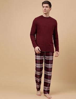 Erkek Bordo Saf Pamuklu Uzun Kollu Pijama Takımı