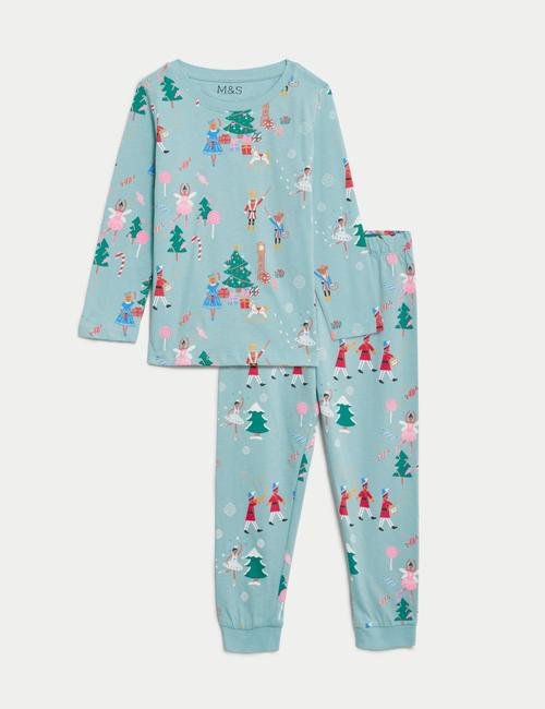 Mavi Saf Pamuklu Yılbaşı Temalı Pijama Takımı (1-8 Yaş)
