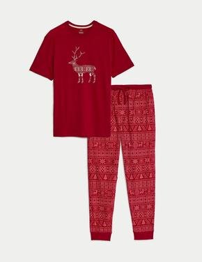 Erkek Kırmızı Yılbaşı Temalı Kısa Kollu Pijama Takımı