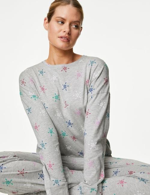 Gri Yıldız Desenli Uzun Kollu Pijama Takımı