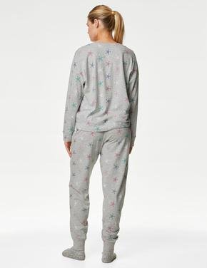 Kadın Gri Yıldız Desenli Uzun Kollu Pijama Takımı