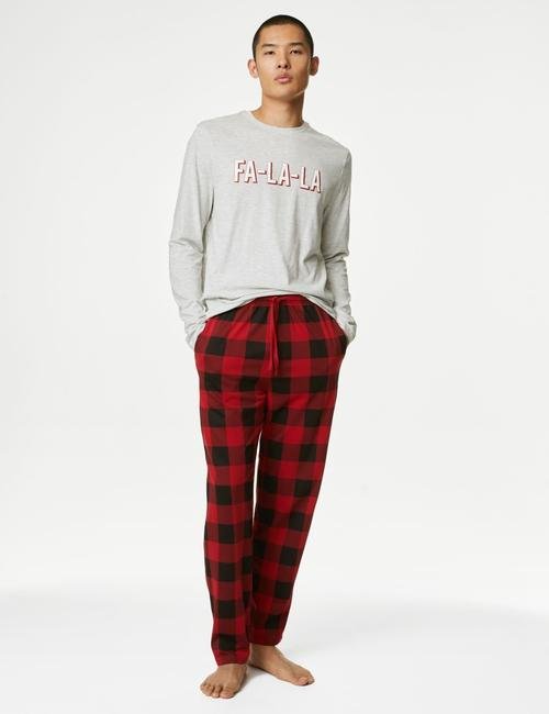 Gri Yılbaşı Temalı Uzun Kollu Pijama Takımı