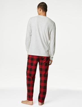 Erkek Gri Yılbaşı Temalı Uzun Kollu Pijama Takımı