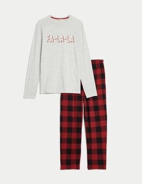 Erkek Gri Yılbaşı Temalı Uzun Kollu Pijama Takımı