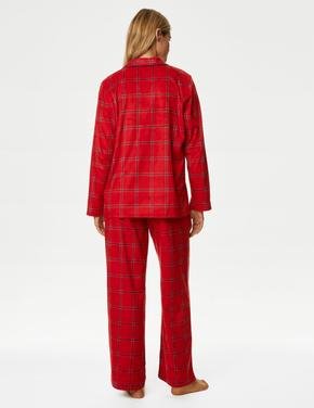 Kadın Kırmızı Ekose Desenli Uzun Kollu Polar Pijama Takımı
