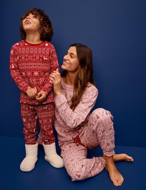 Kırmızı Yılbaşı Temalı Uzun Kollu Waffle Pijama Takımı
