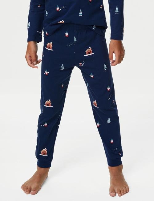 Lacivert Saf Pamuklu Yılbaşı Temalı Pijama Takımı (1-8 Yaş)