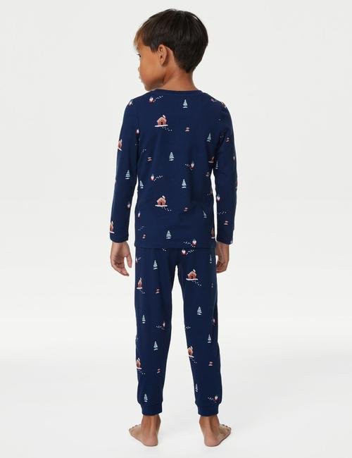 Lacivert Saf Pamuklu Yılbaşı Temalı Pijama Takımı (1-8 Yaş)