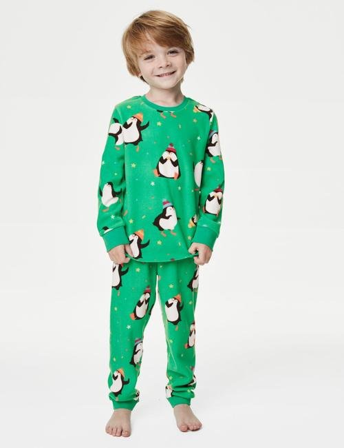 Yeşil Yılbaşı Temalı Uzun Kollu Polar Pijama Takımı (1-8 Yaş)