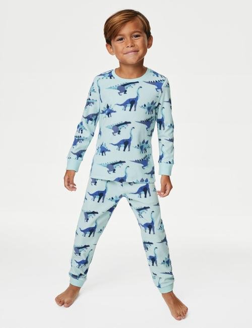 Mavi Dinozor Desenli Uzun Kollu Polar Pijama Takımı (1-8 Yaş)