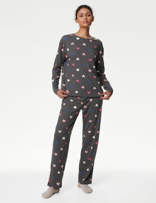 Gri Kalp Desenli Uzun Kollu Pijama Takımı