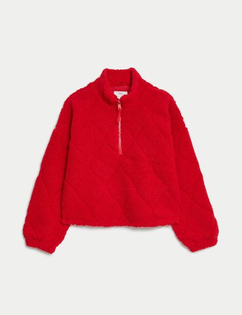 Kırmızı Fermuar Detaylı Borg Polar Sweatshirt (6-16 Yaş)