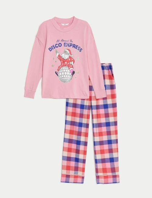 Pembe Saf Pamuklu Yılbaşı Temalı Pijama Takımı (6-16 Yaş)